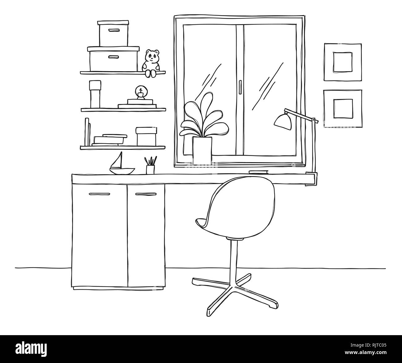 Sketch the room. Office chair, desk, various objects on the table. Sketch  workspace. Vector illustration Stock Vector Image & Art - Alamy