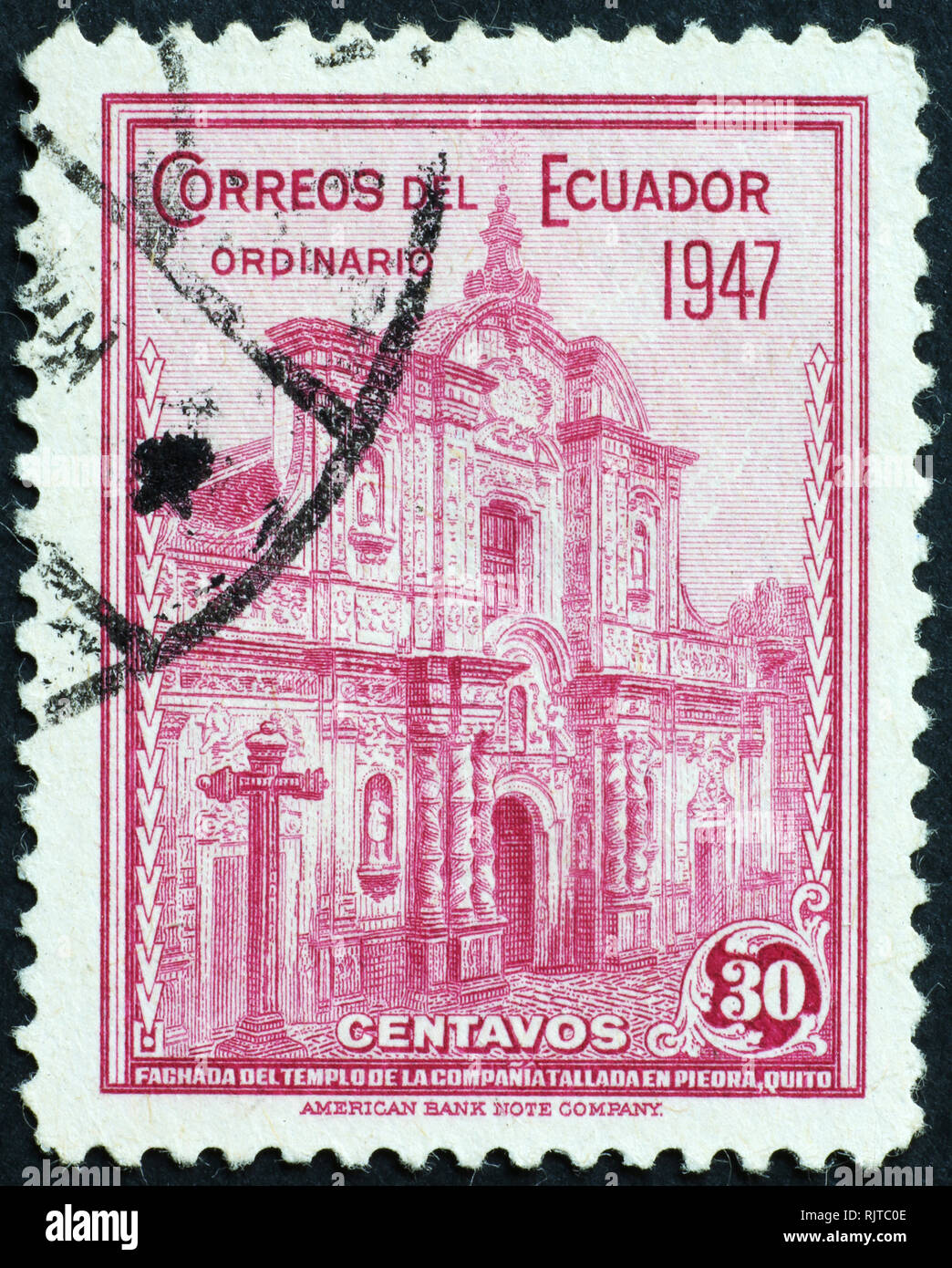 Old spanish church of Quito on vintage stamp Stock Photo
