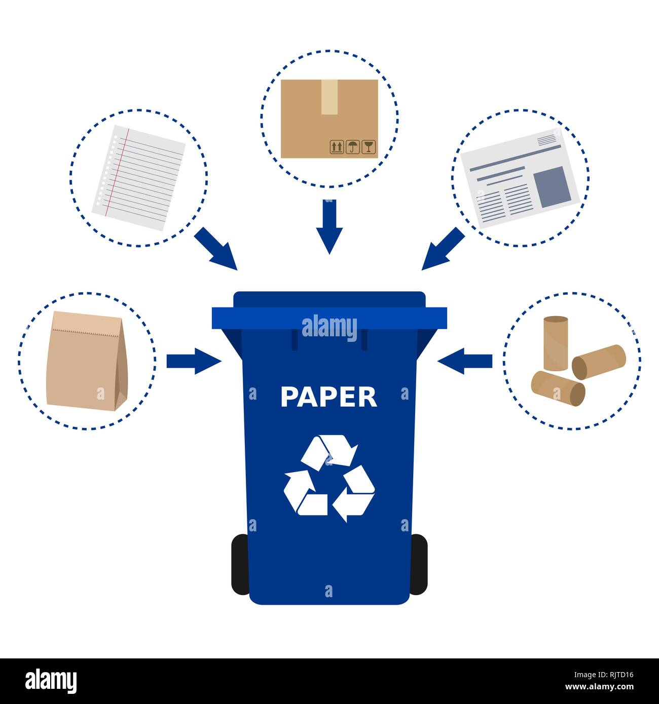 Blue trash can and paper waste suitable for recycling. Paper recycle, segregate waste, sorting garbage, eco friendly, concept. White background.Vector Stock Vector