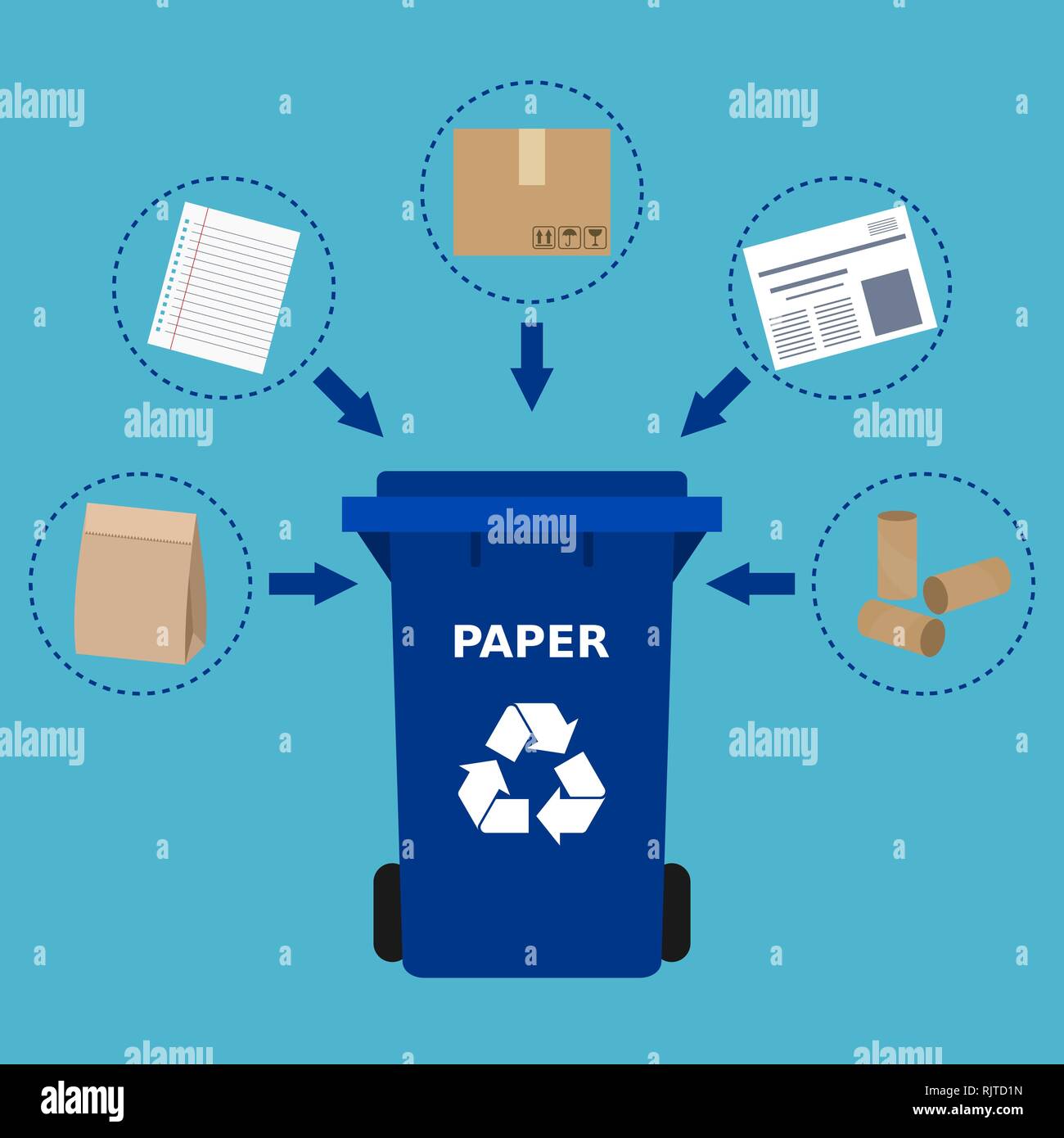 Blue trash can and paper waste suitable for recycling. Paper recycle, segregate waste, sorting garbage, eco friendly, concept. Blue background. Vector Stock Vector