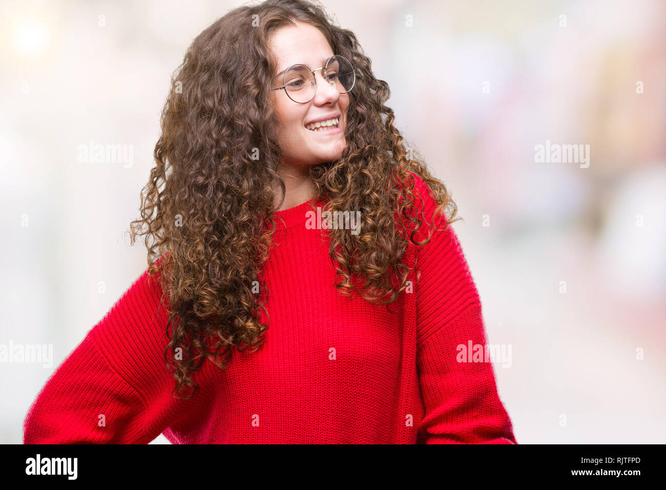 Beautiful Brunette Curly Hair Young Girl Wearing Glasses And