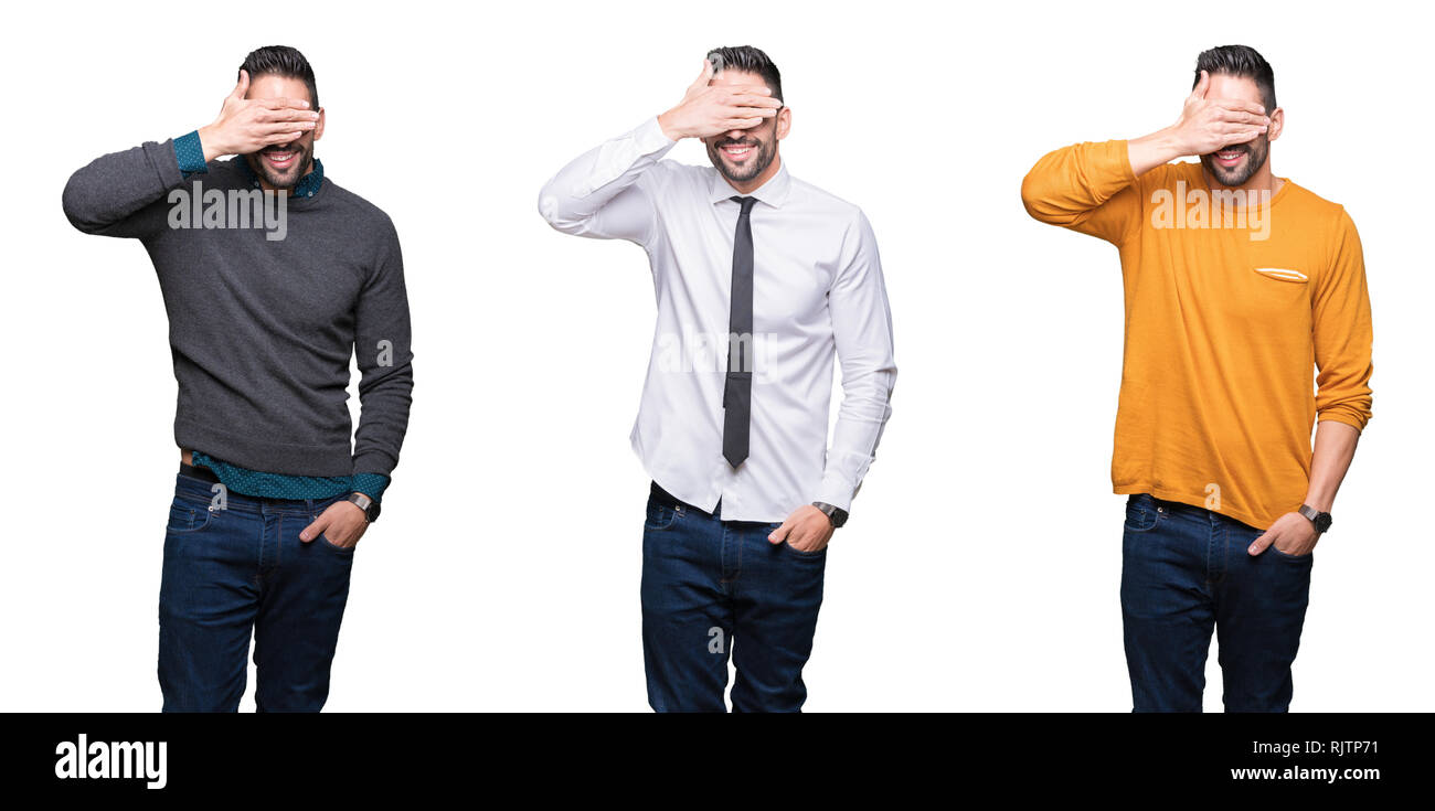 Collage of handsome man over white isolated background smiling and ...