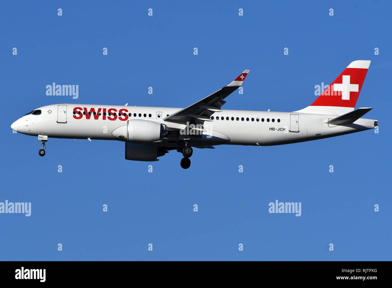 AIRBUS A220-300 (BOMBARDIER C SERIES) HB-JCH OF SWISS GLOBAL AIRLINES. Stock Photo