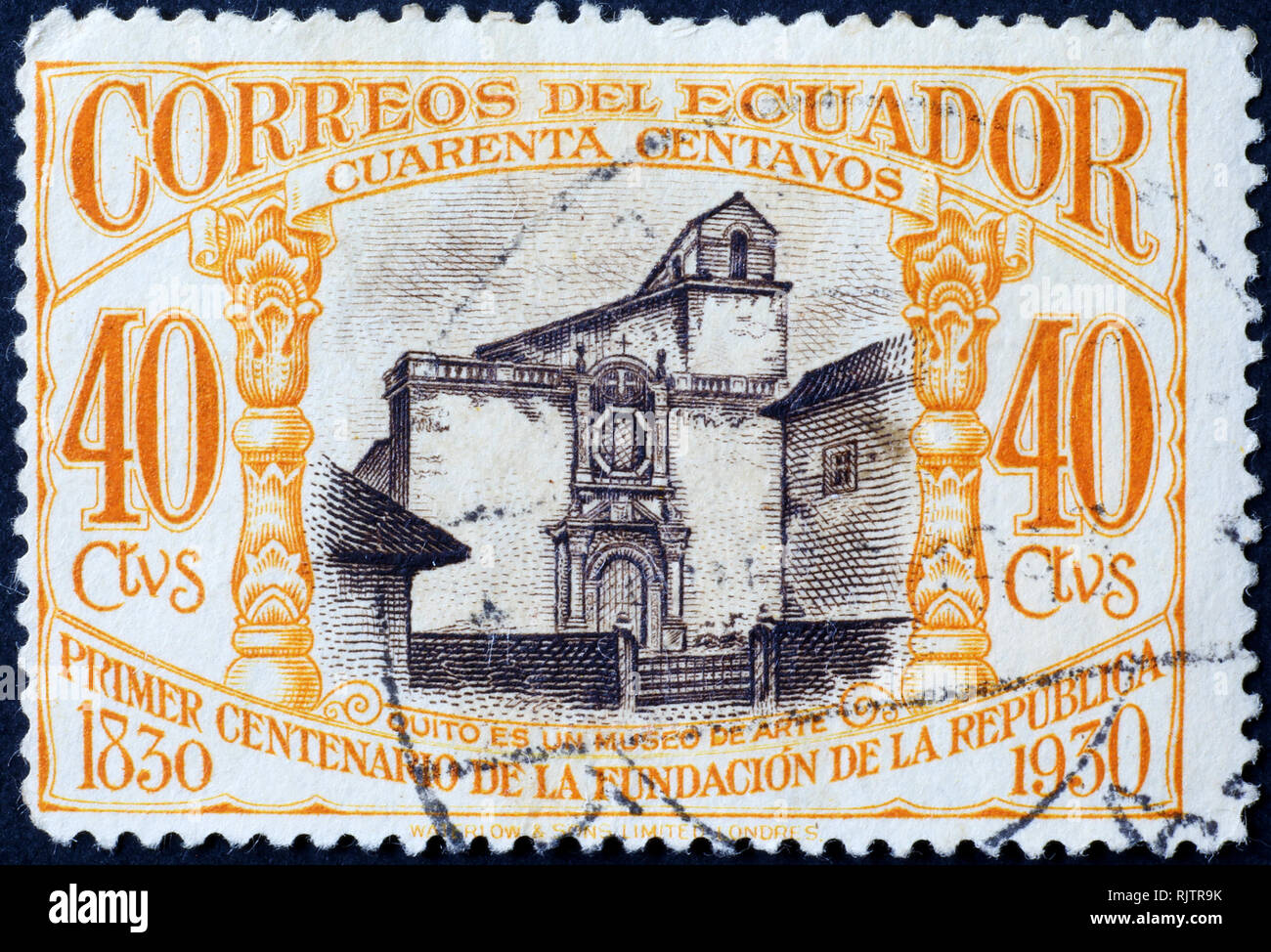 Church of Quito on beautiful vintage postage stamp Stock Photo