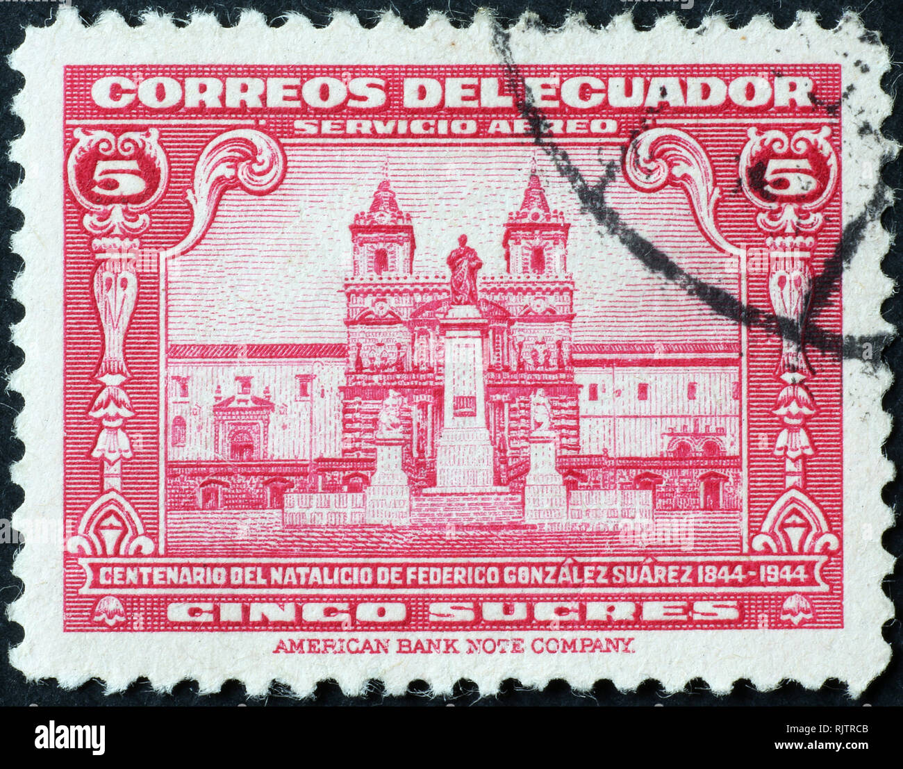 Cityscape of Quito on vintage postage stamp of Ecuador Stock Photo