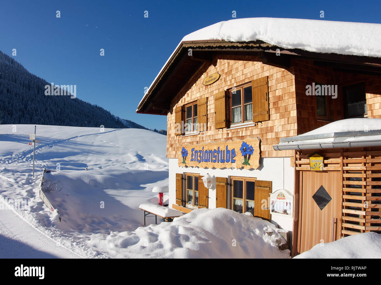 Ski arena with Alpspitzbahn cable car at the mountain Alpspitz in Nesselwang, Allgäu, Bavaria, Germany, February 04, 2019.  After heavy snowfall the l Stock Photo