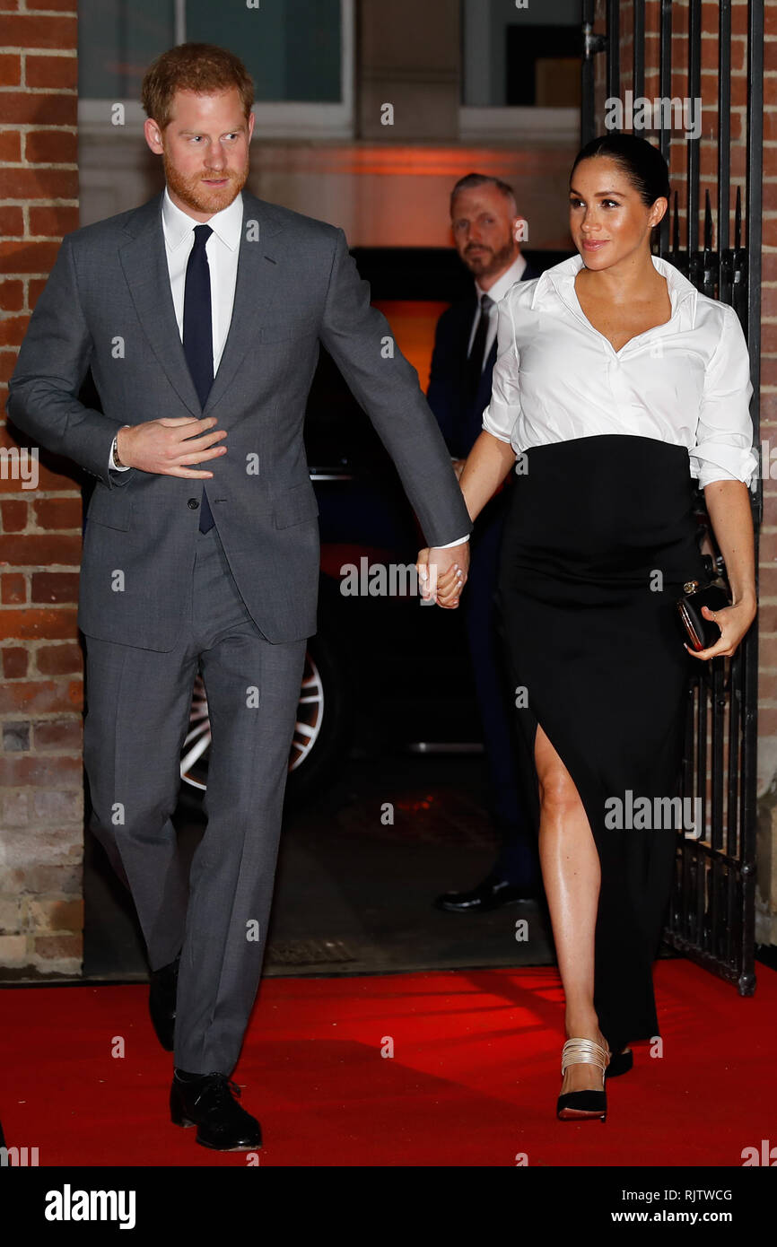 The Duke and Duchess of Sussex arrive at the annual Endeavour Fund Awards at Drapers' Hall, London, to celebrate the achievements of wounded, injured and sick servicemen and women who have taken part in remarkable sporting and adventure challenges over the last year. Stock Photo