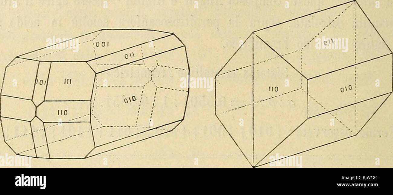 . Atti della Societitaliana di scienze naturali e del Museo civico di storia naturale di Milano. Natural history. 34 G. BOERIS. Dall'etere acetico si depositarono cristalli assai belli, mostranti spesso la combinazione di tutte le forme Osservate e prevalentemente coir abito ritratto dalla figura 5, cioè coi pinacoidi J 010 j e [ 001 j egualmente sviluppati. Solo qualche volta le facce di [ 010 ) sono più. Fig. 5. Fiff. 6. larghe di quelle di {001}. Da etere di petrolio ebbi ripetute volte dei cristalli prismatici secondo [100] con le sole forme: ( 010 j (110} (Oli), e con l'aspetto della figu Stock Photo