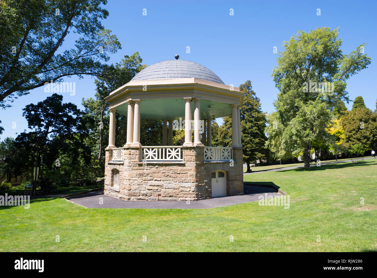 A bandstand surrounded by manicured lawns adorns St. David's Park in Hobart, Tasmania Stock Photo