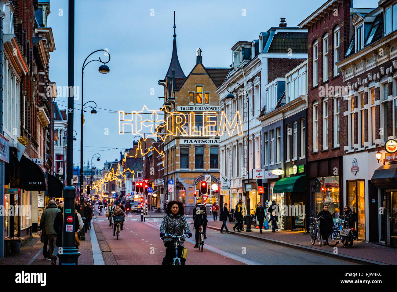 Haarlem DEC 28, 2018One of the street in Haarlem in Netherlands at evening after