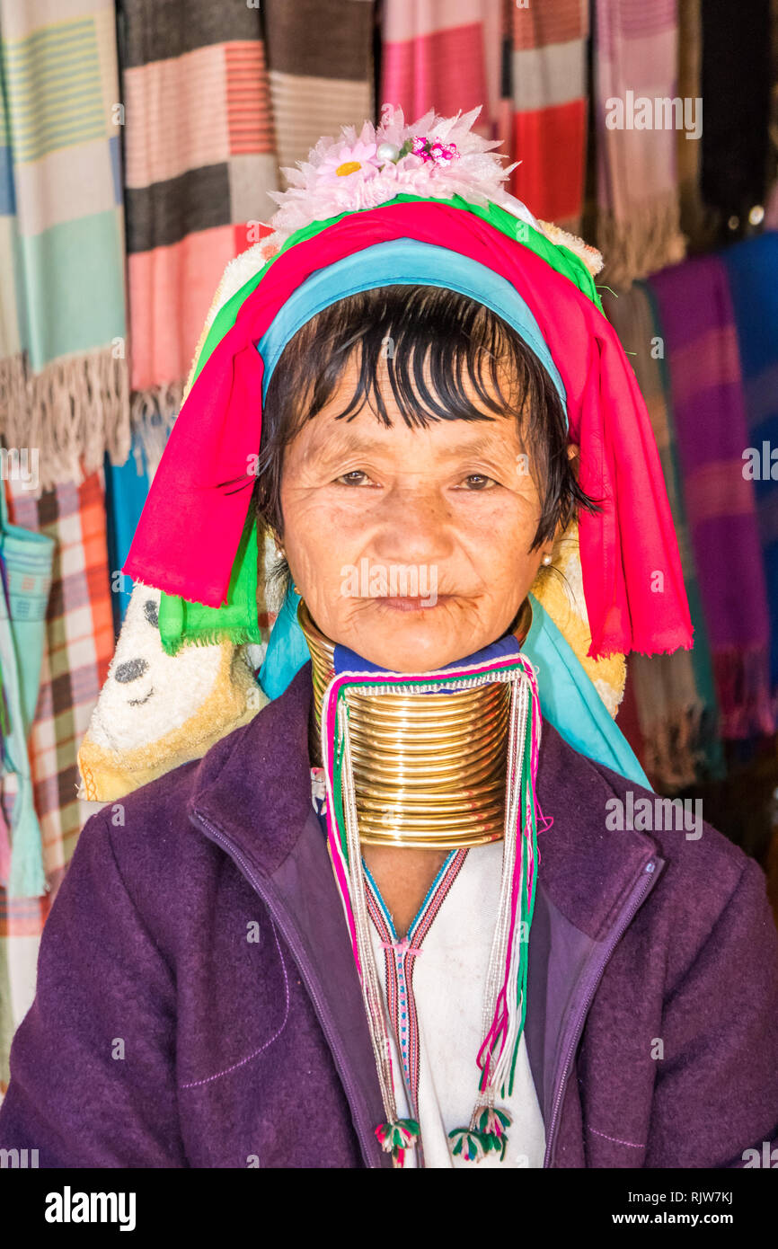 Mae Hong Son, Thailand - 7th February 2019: Karen long necked woman. The first brass ring is added at the age of 5, Stock Photo