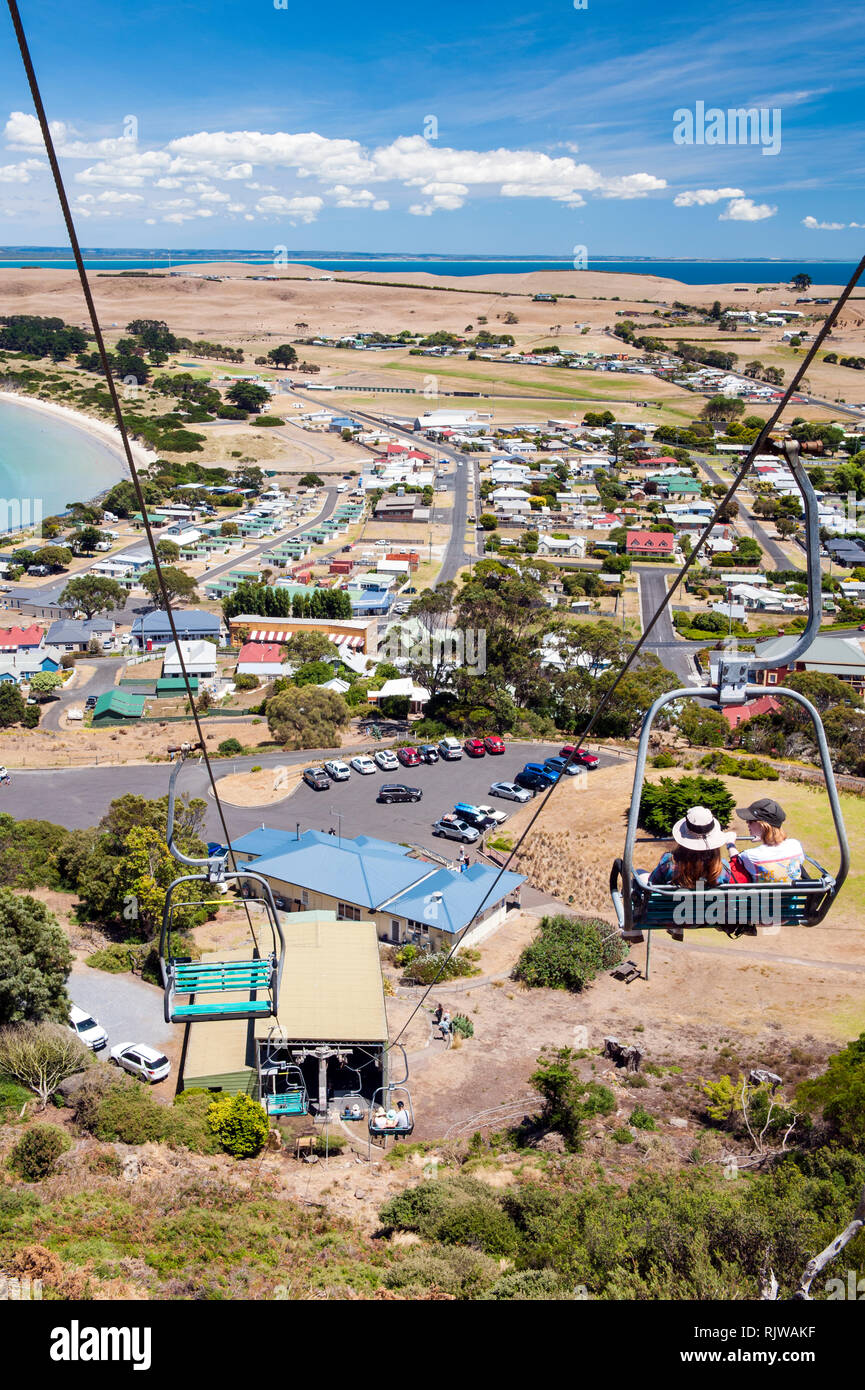 The cable car going up to the Nut, remnant of an extinct volcano, in the town of Stanley in Northwestern Tasmania. Stock Photo