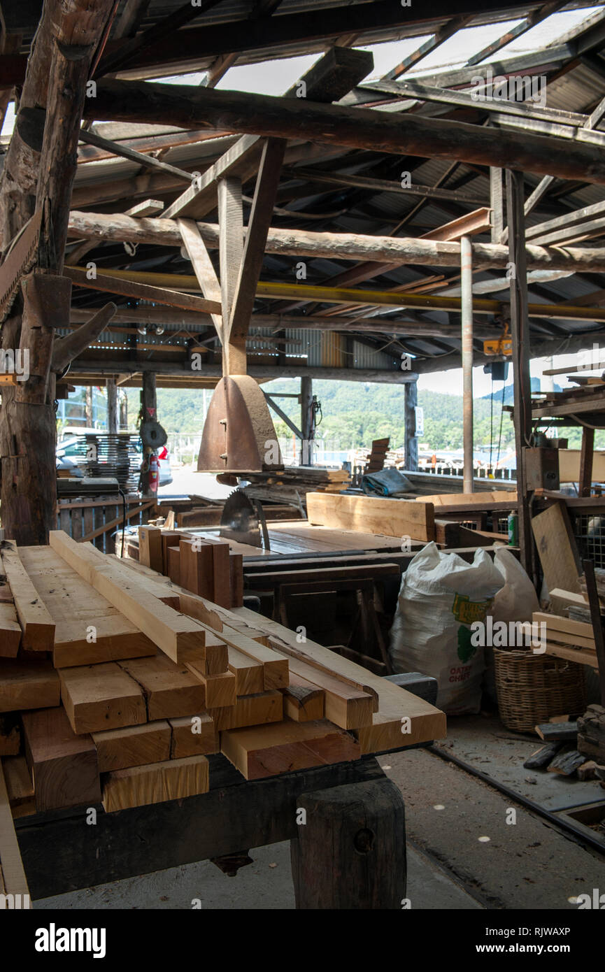 Lengths of salvaged huon pine wait to be milled at Wilderness Woodworks, a specialty timber mill in Strahan, Tasmania. The tree is native to south wes Stock Photo