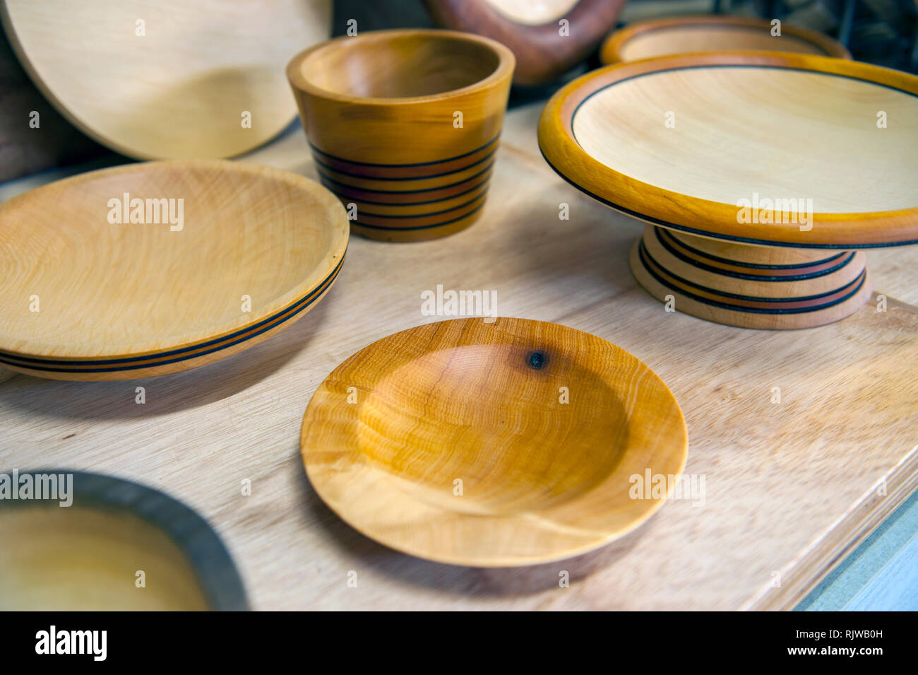 Bowls made from Huon Pine at Wilderness Woodworks, a specialty timber mill in Strahan, Tasmania. The tree is native to south west Tasmania and highly  Stock Photo
