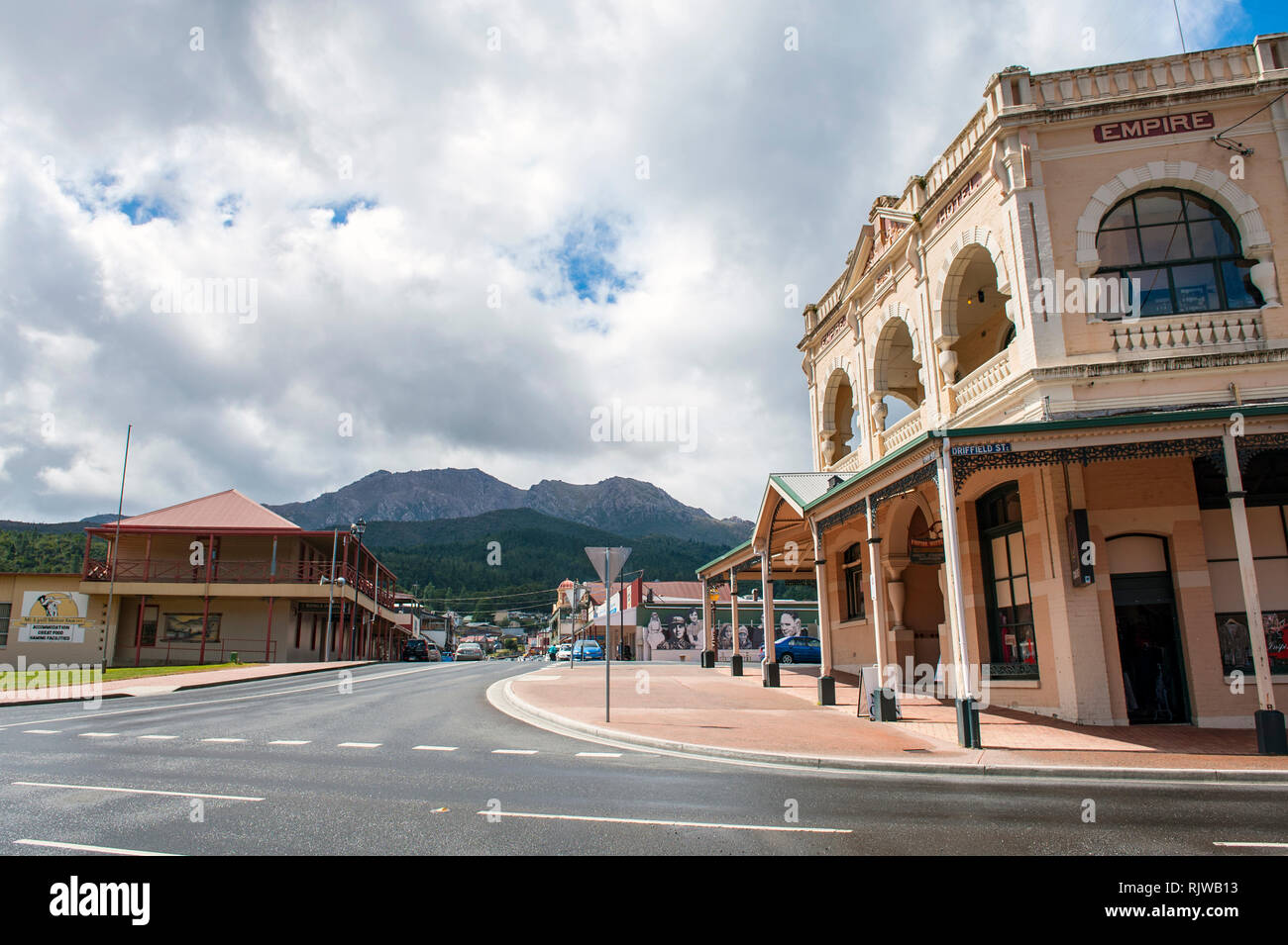 The Empire Hotel on the main street in Queenstown, a mining town and former home to Mt Lyell Mining Company, on Tasmania's West Coast, Australia. In i Stock Photo