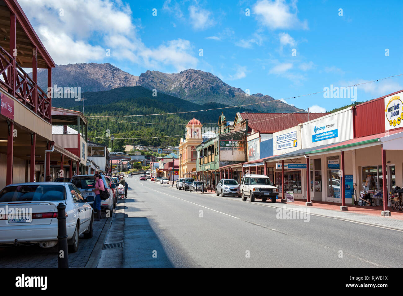 The main street of Queenstown, a mining town and former home to Mt Lyell Mining Company, on Tasmania's West Coast, Australia. In it's heyday the town  Stock Photo