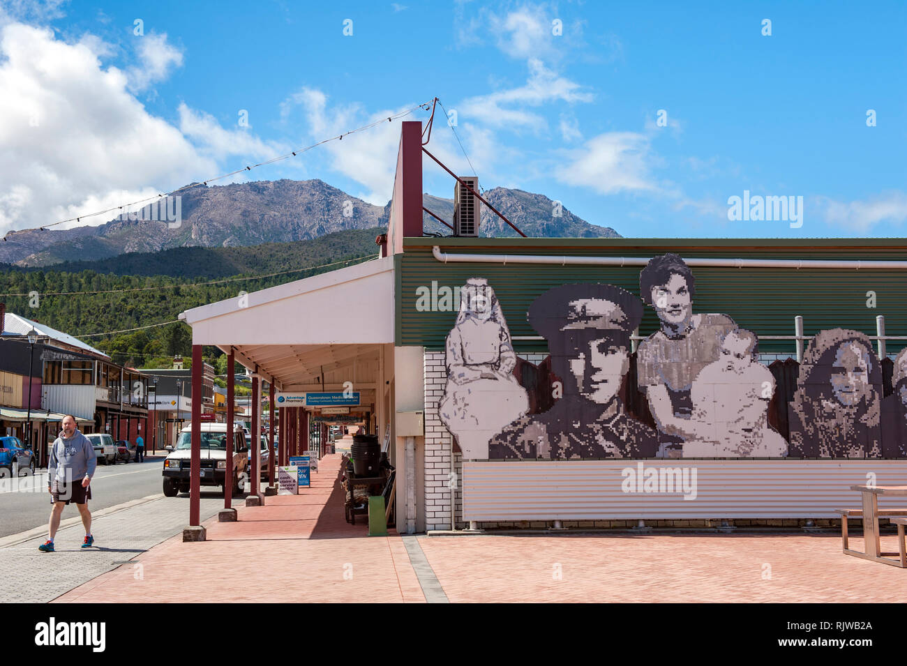 The mural on the main street of Queenstown, a mining town and former