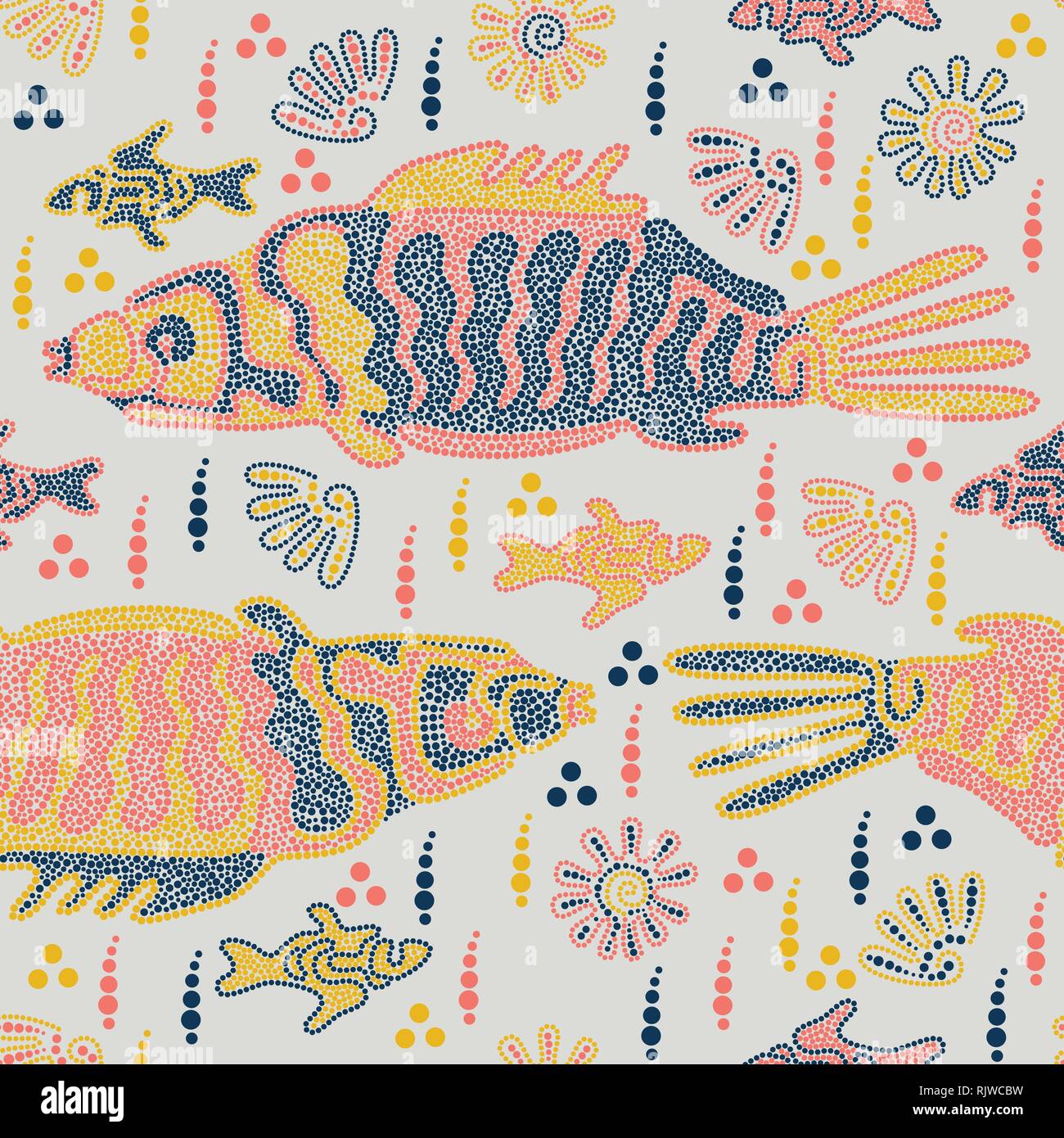 Fish and shells swim in the river. Australian Aboriginal art. Point Art. Seamless pattern. Vector illustration Stock Vector