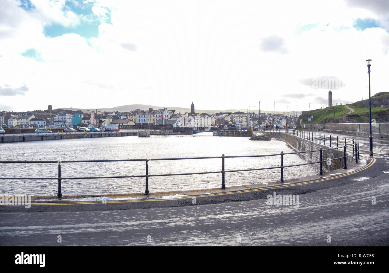 Beautiful landscape view of seaside town of Peel from St Patrick's Isle in the Isle of Man Stock Photo