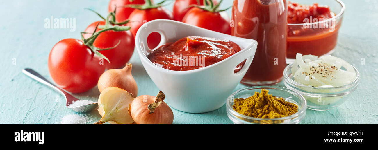 Ingredients for making speciality homemade ketchup or tomato sauce with