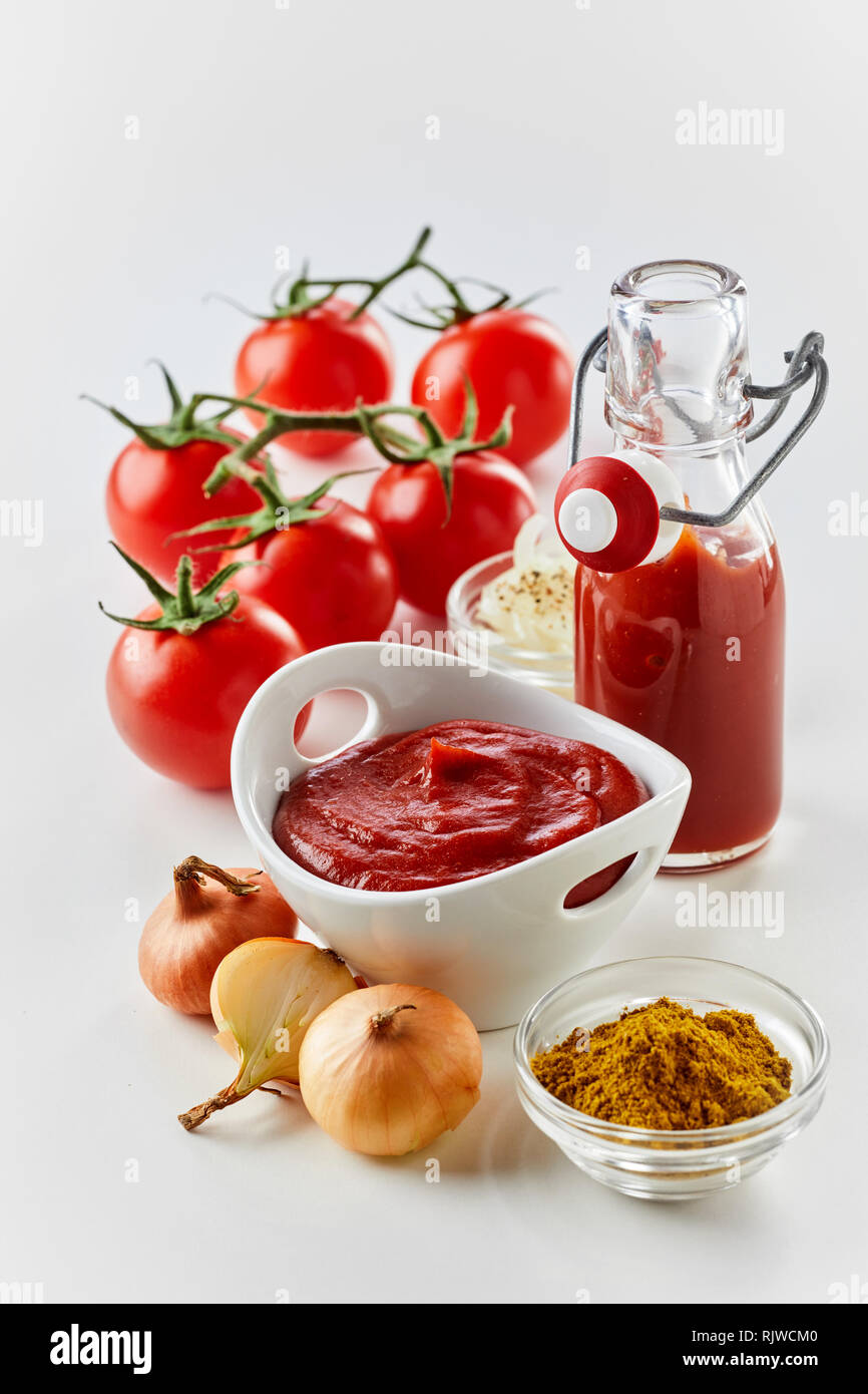 Spices and ingredients for fresh homemade ketchup or tomato sauce with