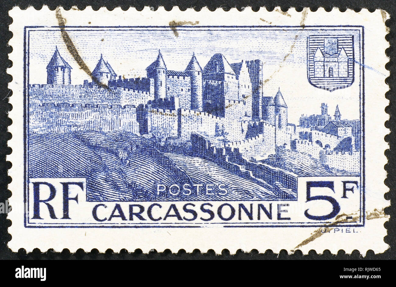 Beautiful vintage postage stamp with french town of Carcassonne Stock