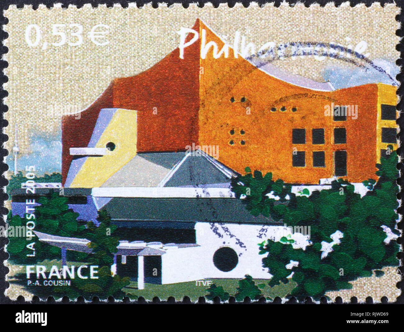 Berliner Philharmonie Concert Hall on postage stamp Stock Photo