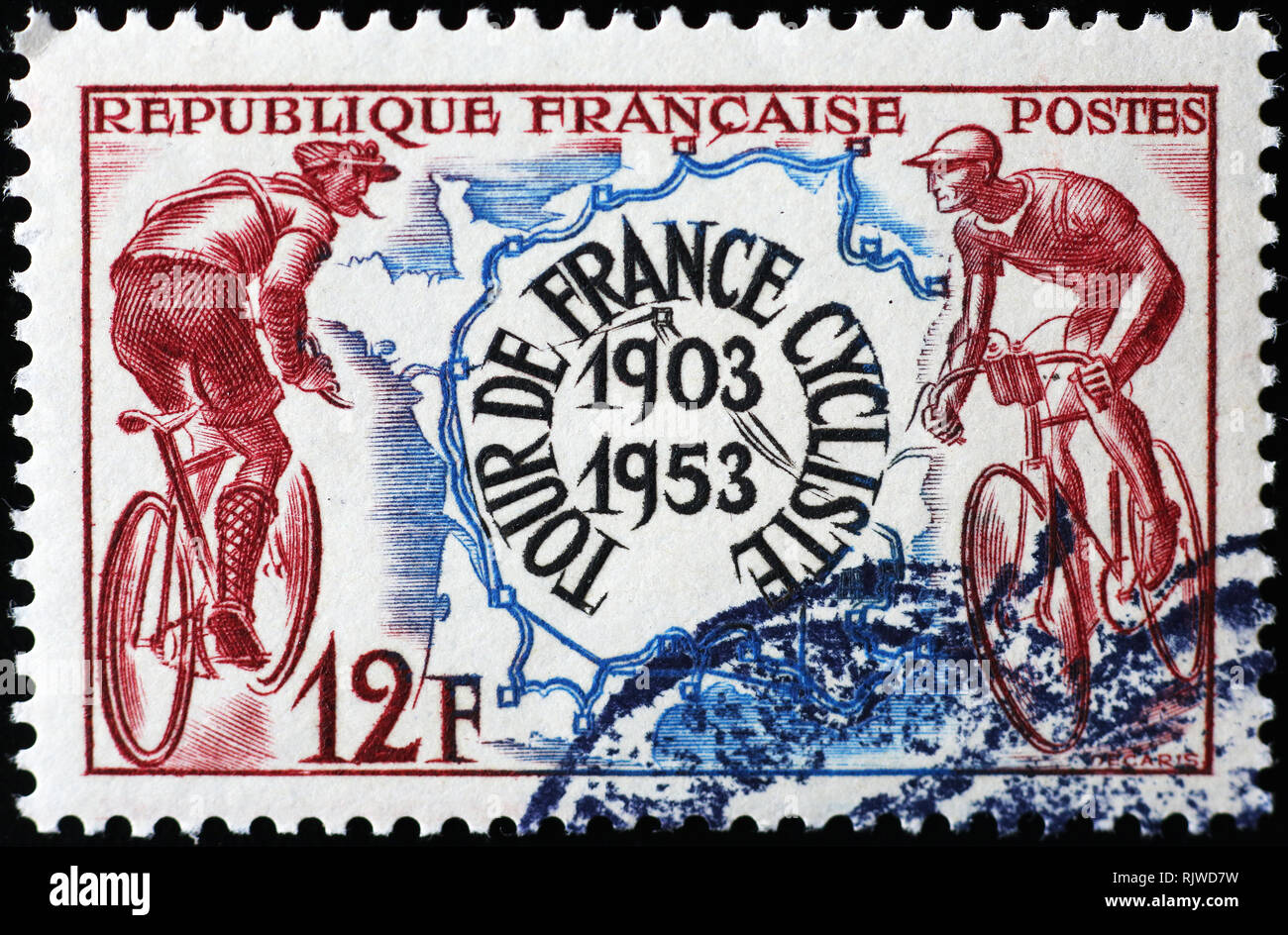 Celebration of Tour de France on vintage french stamp Stock Photo