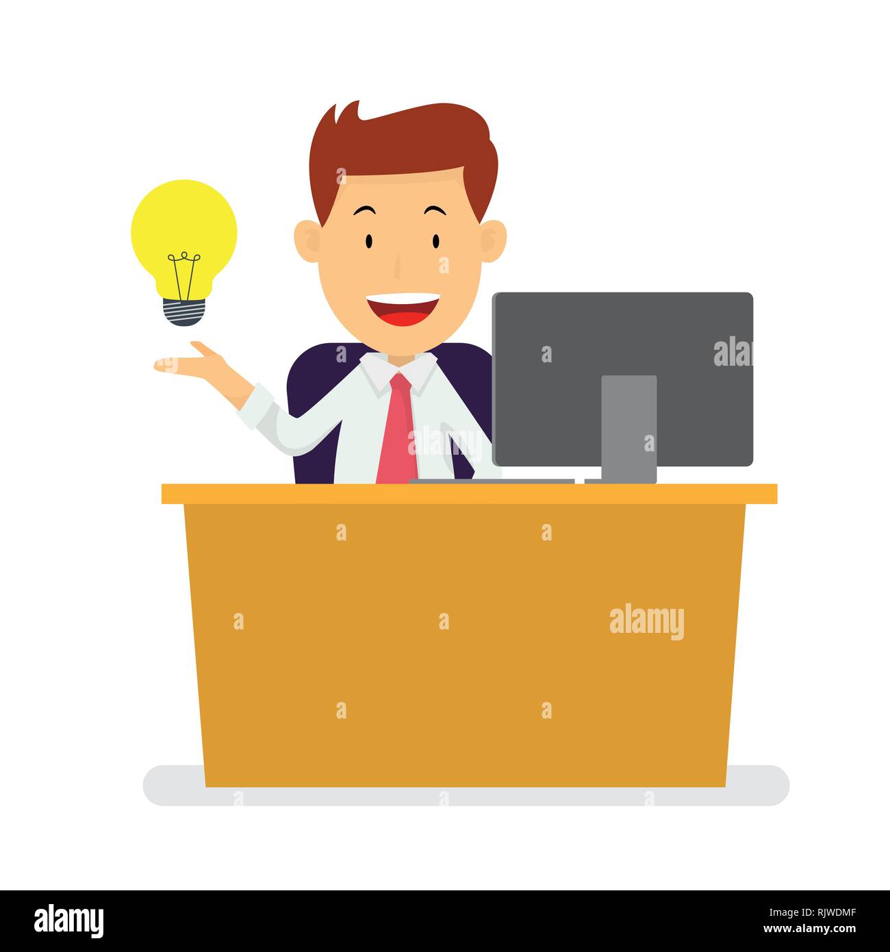 Businessman sitting at workplace with bright ligh bulb for successful business idea concept, cartoon flat design style. Vector Illustration Stock Vector