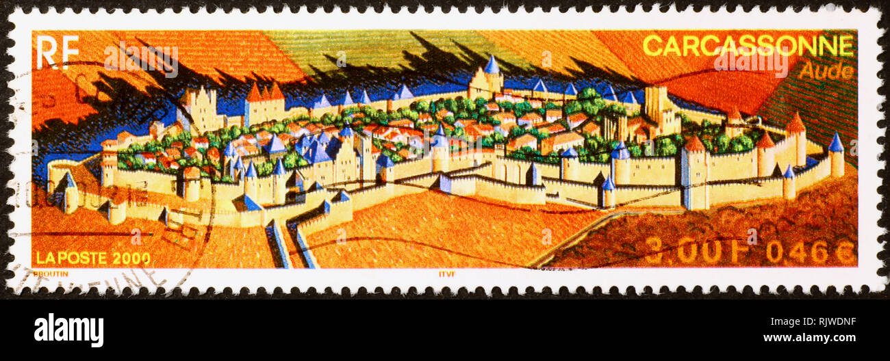 Postage stamp with aerial view of Carcassonne, France Stock Photo