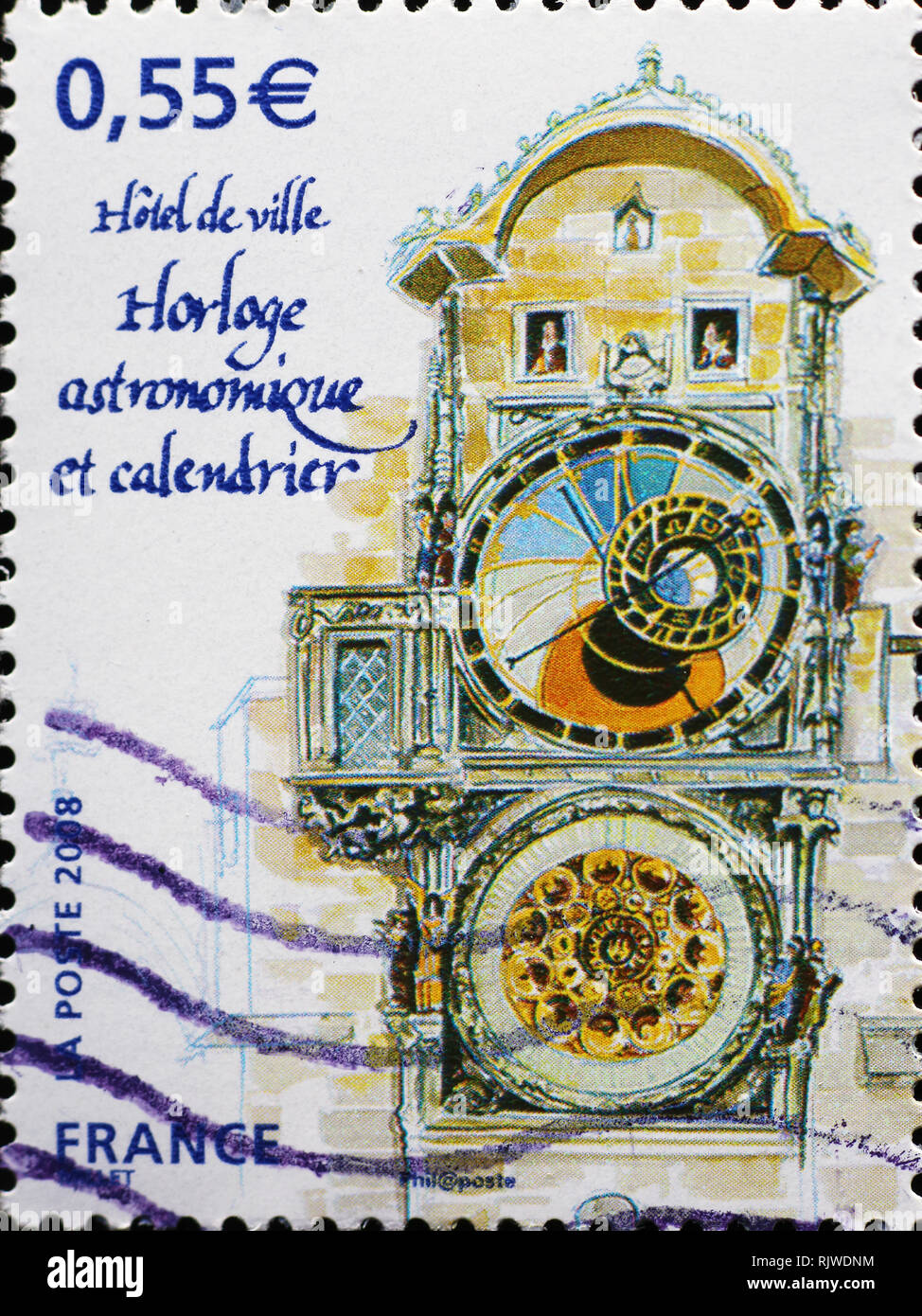 Prague astronomical clock on postage stamp Stock Photo