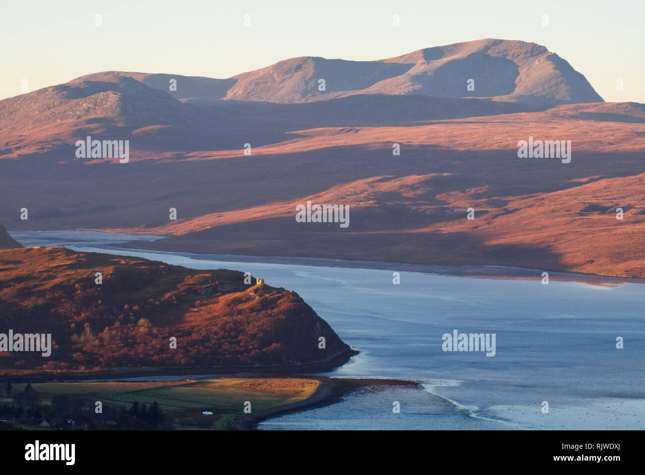 Kyle of Tongue and Castle Varrich with Ben Hope behind, Sutherland