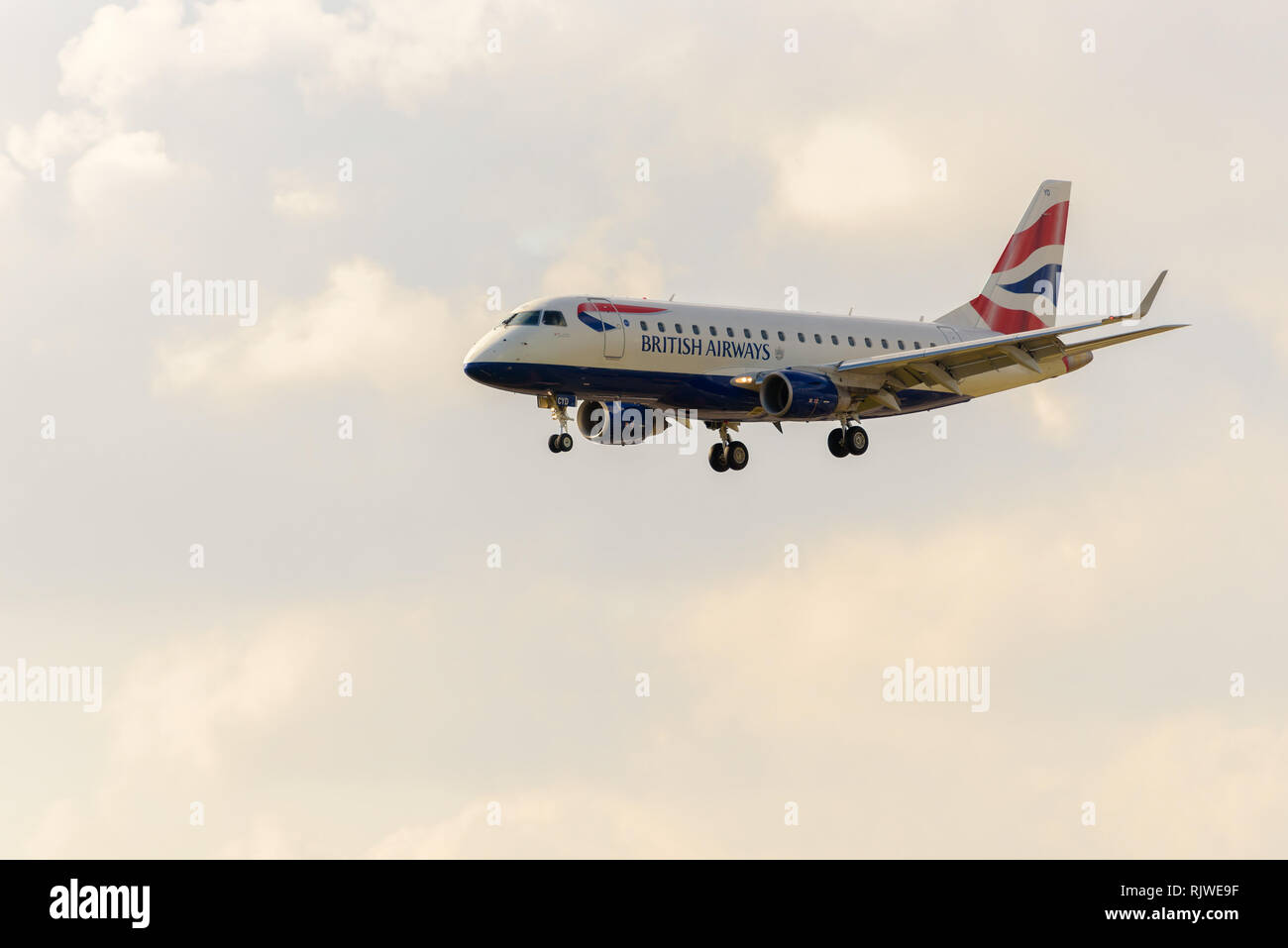 London, England. February 2018. Embraer ERJ-170STD British Airways G-LCYD operated by BA CityFlyer landing at London City Airport (LCY) Stock Photo