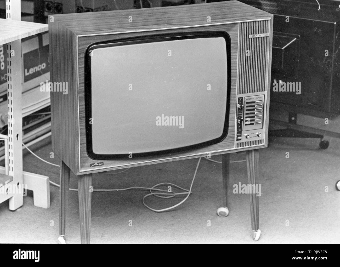 Television in the 1970s. A tv set on legs from the german manufacturer Metz. Stock Photo