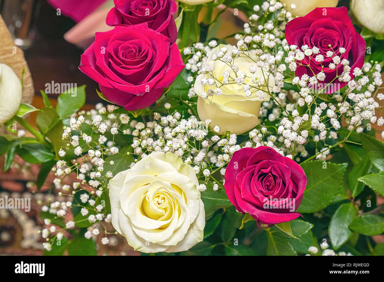 Bouquet of red and white roses. Decorative floral arrangement of white