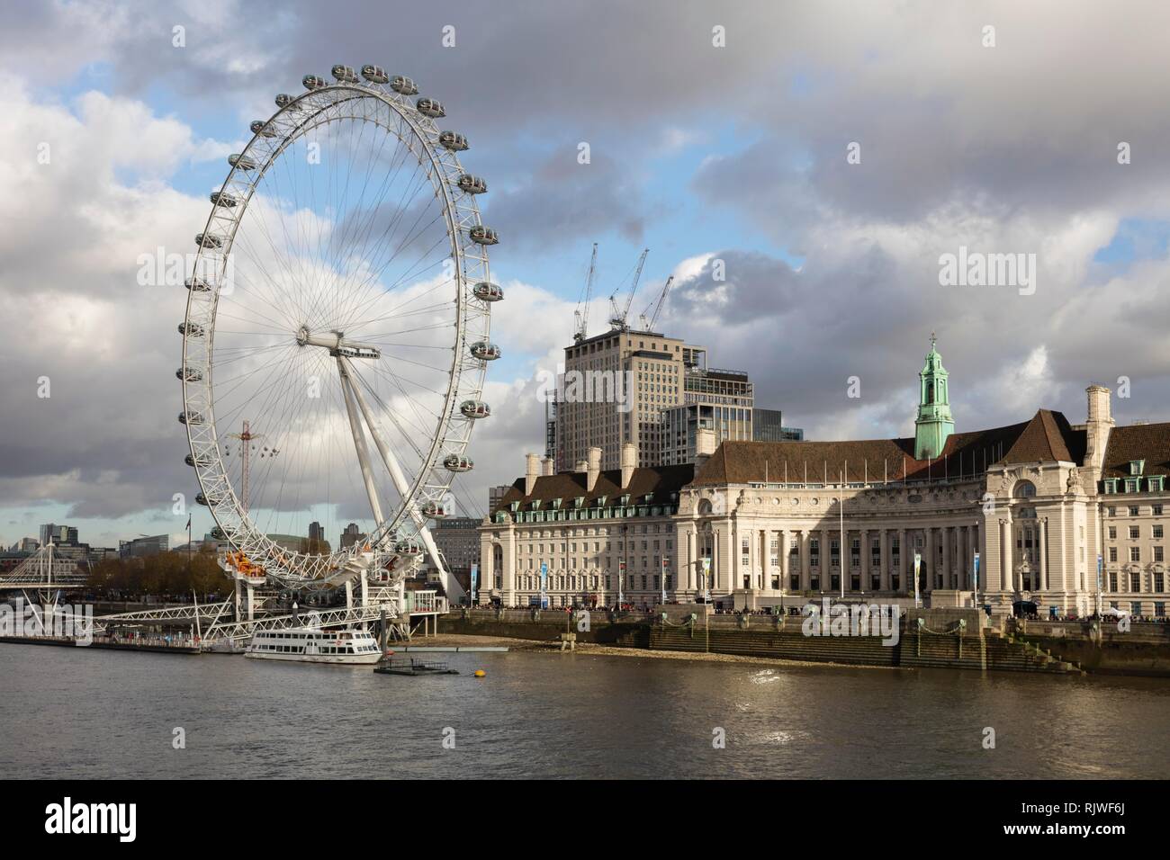 County Hall, London Eye, Ferris wheel, Thames, London, England, Great Britain Stock Photo