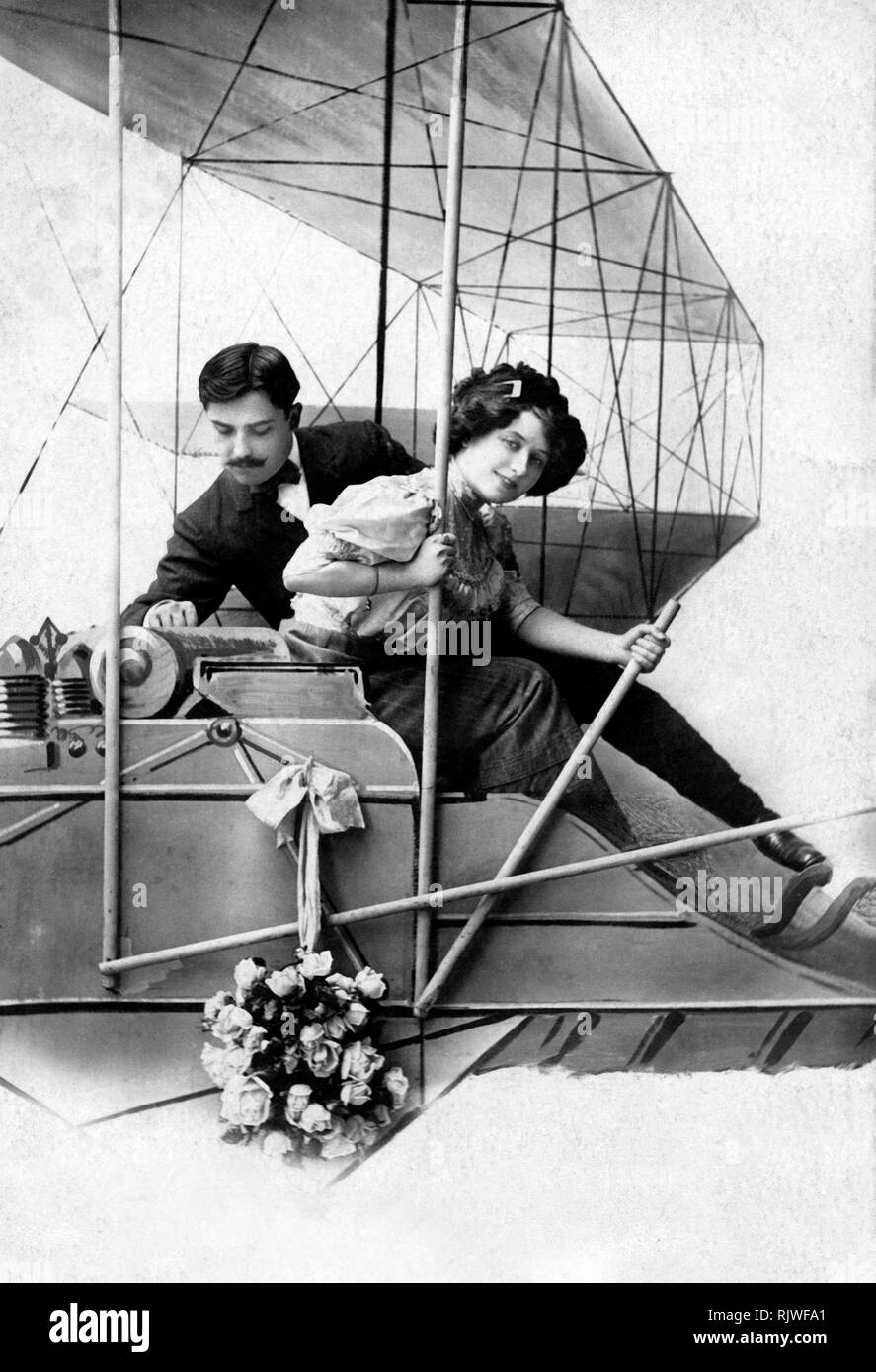 Pilot in a dummy aircraft, double-decker aircraft, 1920s, Germany Stock Photo