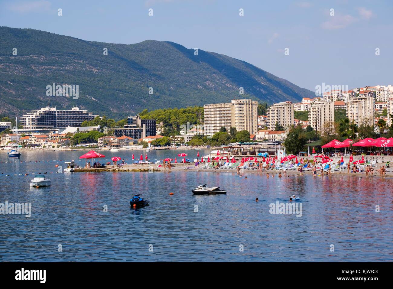 Bathing beaches Topla and Igalo, left Institute of Physical Medicine Dr Simo Milosevic, near Herceg Novi, Bay of Kotor Stock Photo