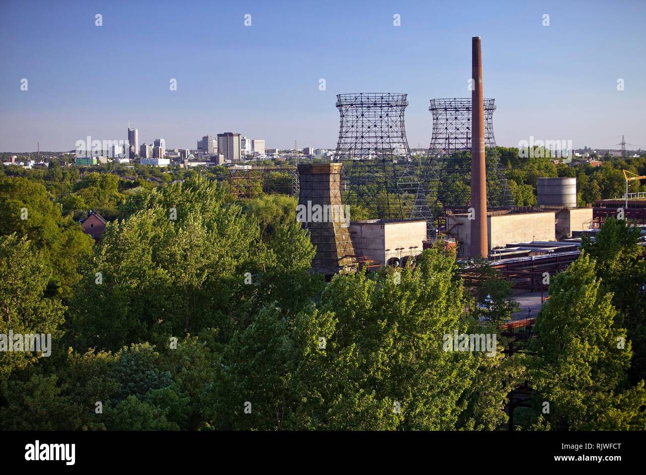 Cooling towers of the Zollverein coking plant and the skyline of the city centre, Essen, Ruhr area, North Rhine-Westphalia Stock Photo