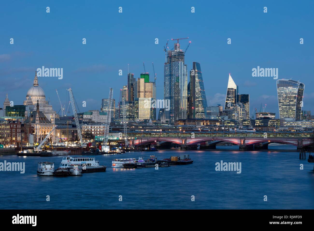 Panorama at the Thames with St.Paul´s Cathedral and Blackfriars Bridge, Dusk, London City, London, England, Great Britain Stock Photo