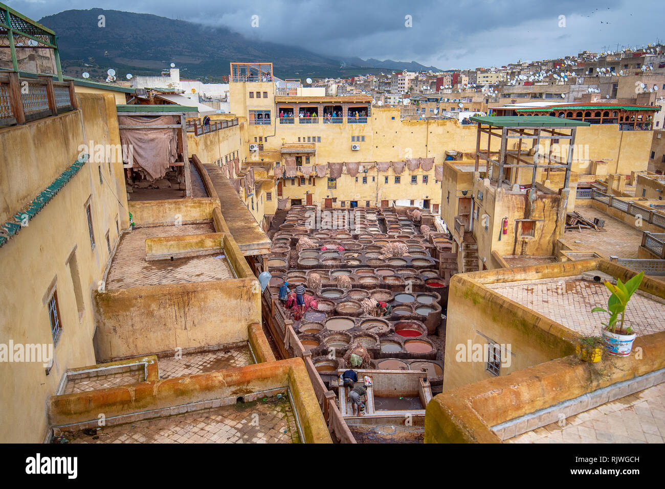 Old tanks of the Fez's tanneries with color paint for leather. the Chouara Tannery is the oldest still working. in the medina of FES, MOROCCO Stock Photo