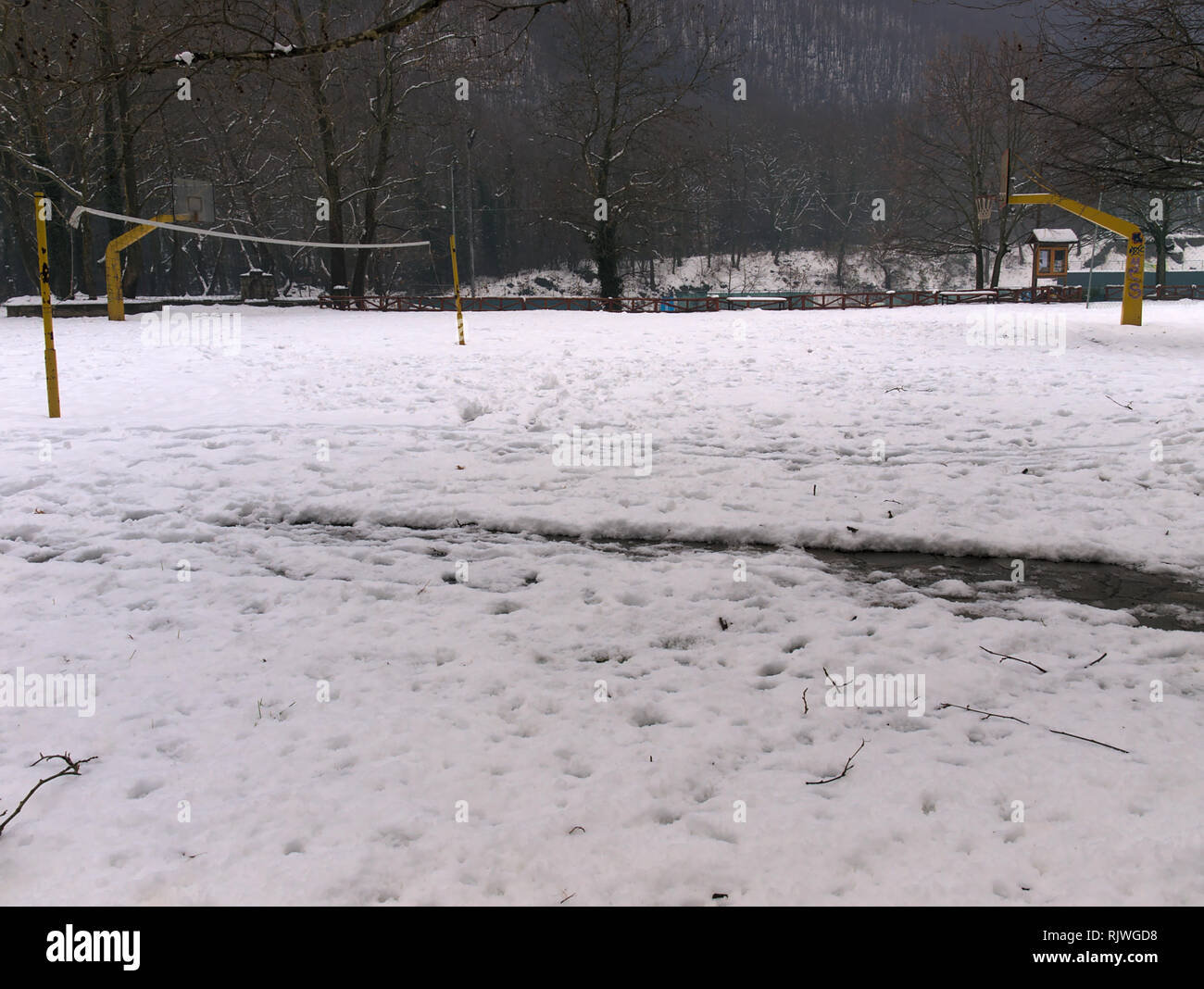 Basketball and volleyball fields covered with snow Stock Photo