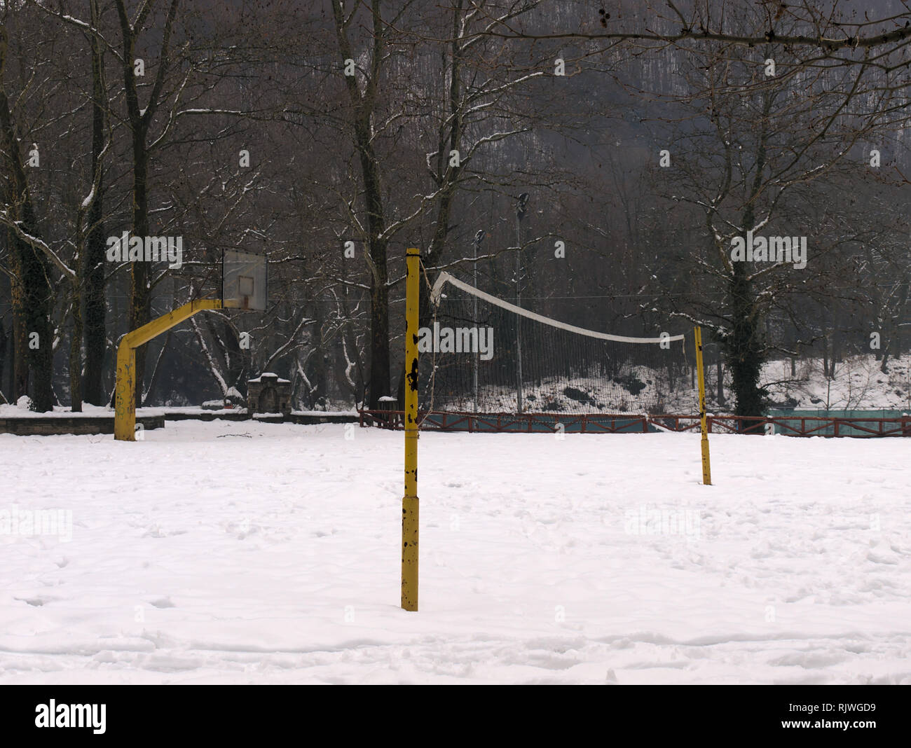 Basketball and volleyball fields covered with snow Stock Photo