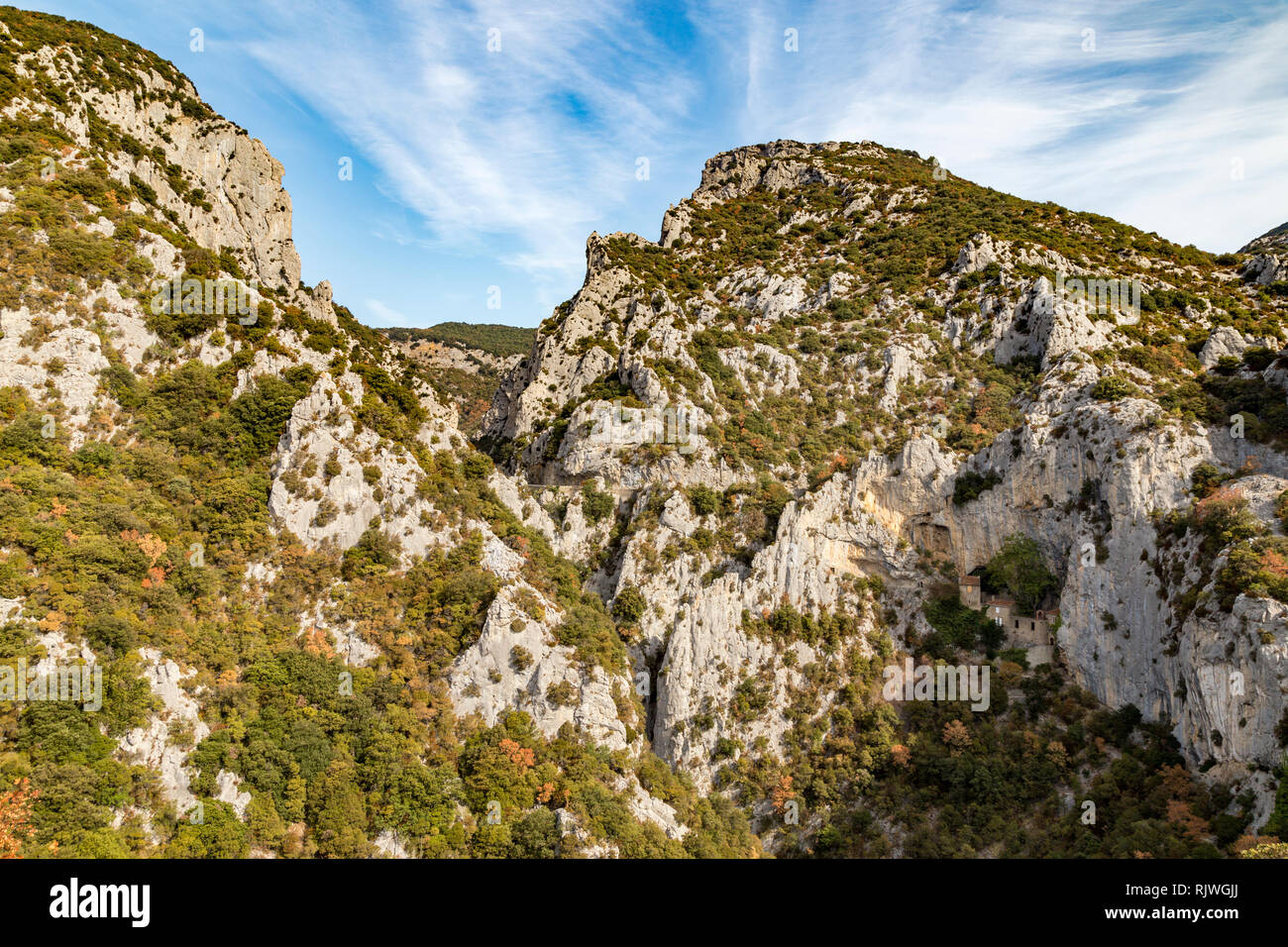 Hermitage Saint Antoine which is built into the rocks of the Gorges of Galamus. Stock Photo