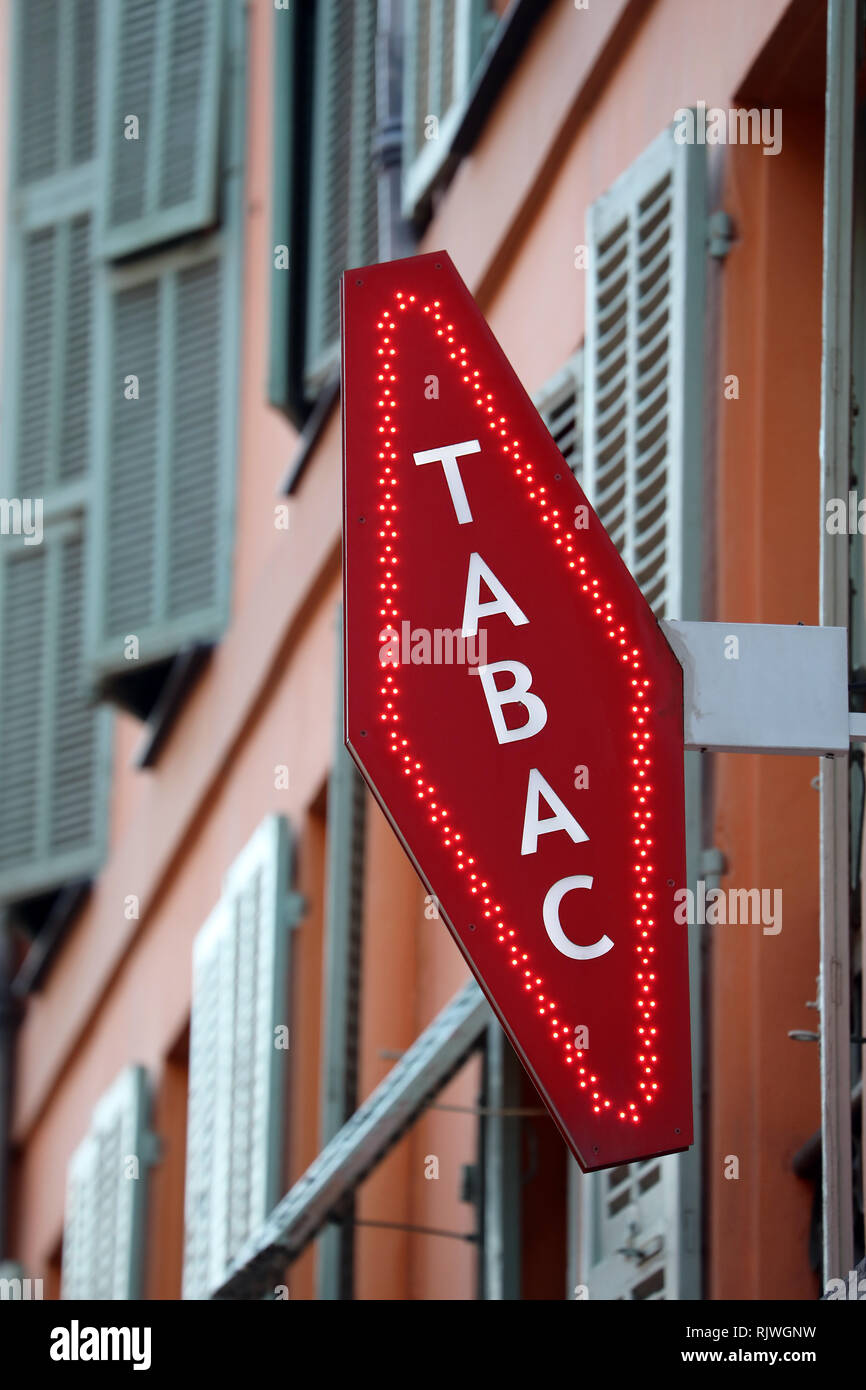 French Red And White Sign Tabac. In France 'Tabac' Means Tobacco Stock Photo