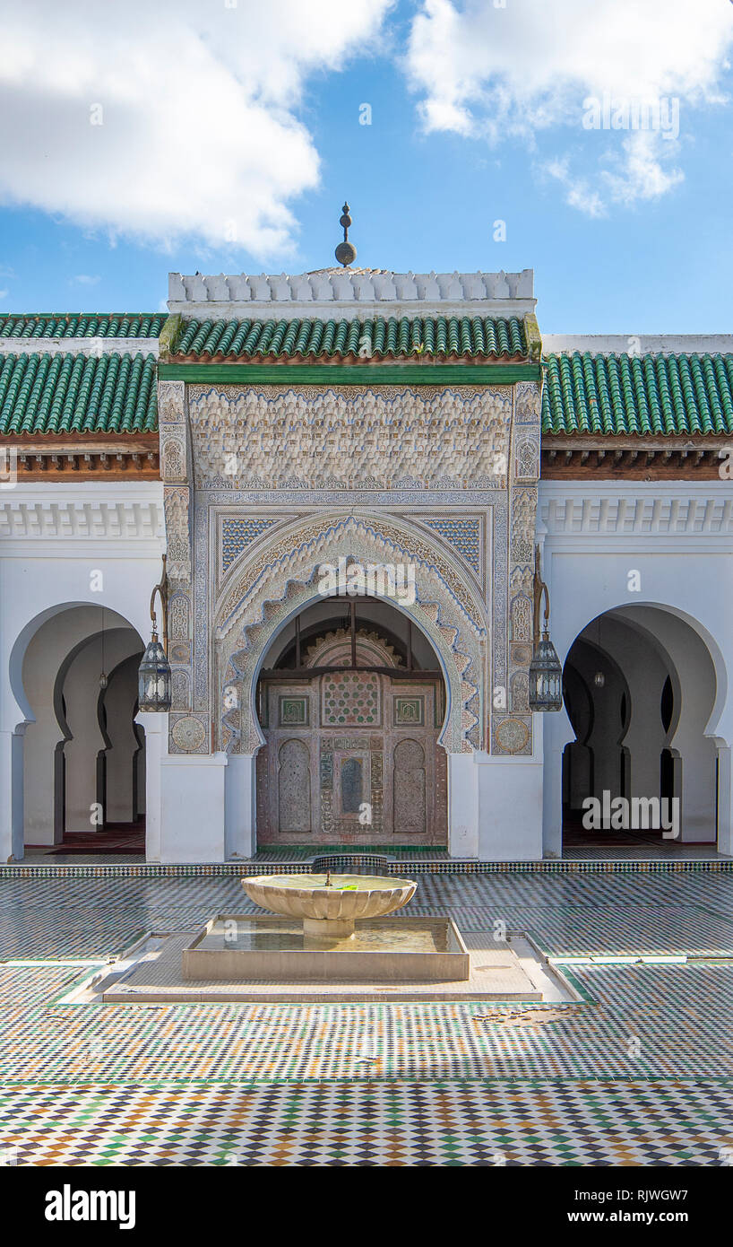 Inside courtyard and interior of University of Al Quaraouiyine or Al-Karaouine mosque - the oldest known university in the world, in Fes, Morocco Stock Photo