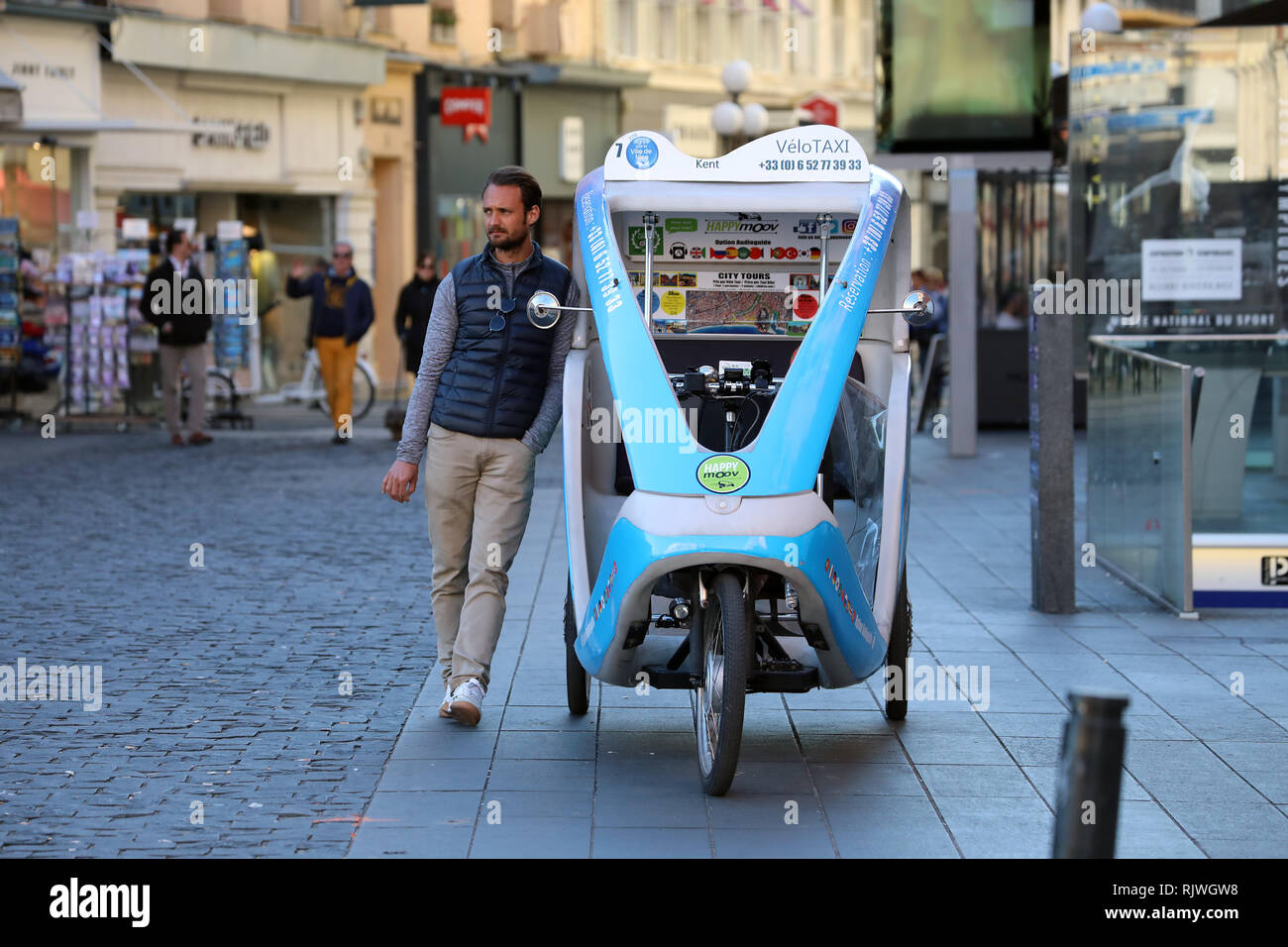 Nice, France - February 6 2019: Cycle Rickshaw (Happymoov Company ...