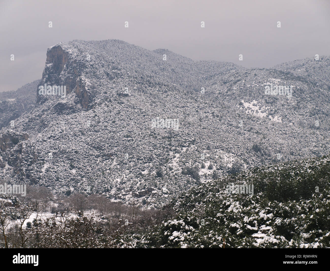 View to Olympus mountains covered in snow,  from Litohoro in Pieria Greece. Stock Photo