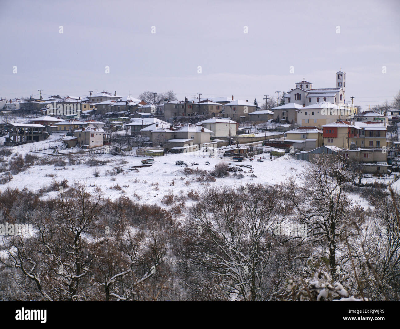 Snow covered village in Central Macedonia Greece Stock Photo Alamy