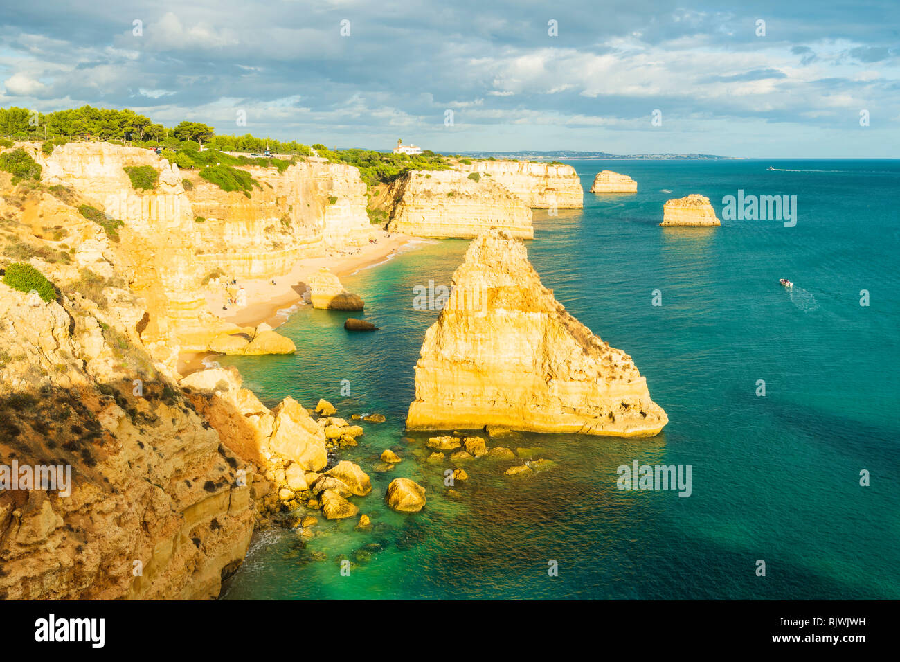 High level view of rugged coastline, Praia da Marinha, Algarve. Portugal, Europe Stock Photo